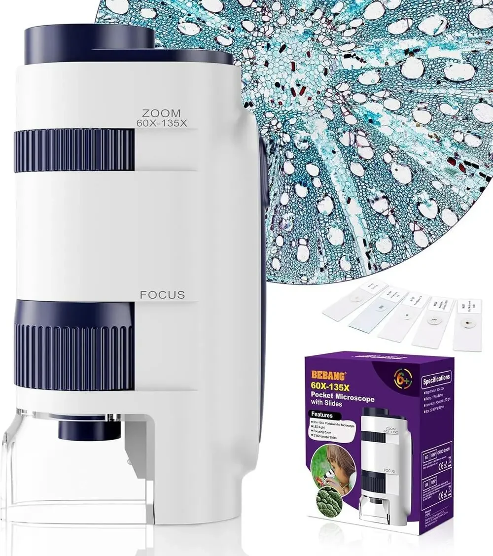 Bebang Pocket Microscope with Slides 60X-135X LED Light NIB